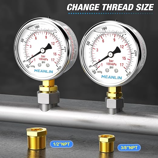 MEANLIN MEASURE -30inHG~250Psi Stainless Steel 1/4" NPT 2.5" FACE DIAL Vacuum Pressure Gauge, Lower Mount, with 1/4" x 1/2" NPT and 1/4" x 3/8" NPT Hex Bushing