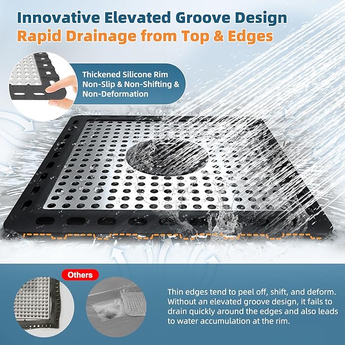 Hibbent Upgraded Shower Drain Hair Catcher, Shower Drain Cover for Bathroom Floor 6" Drain, Anti-Clogging Bathtub Drain Strainer, Stainless Steel Kitchen Sink Drain Strainer with Handle, Black