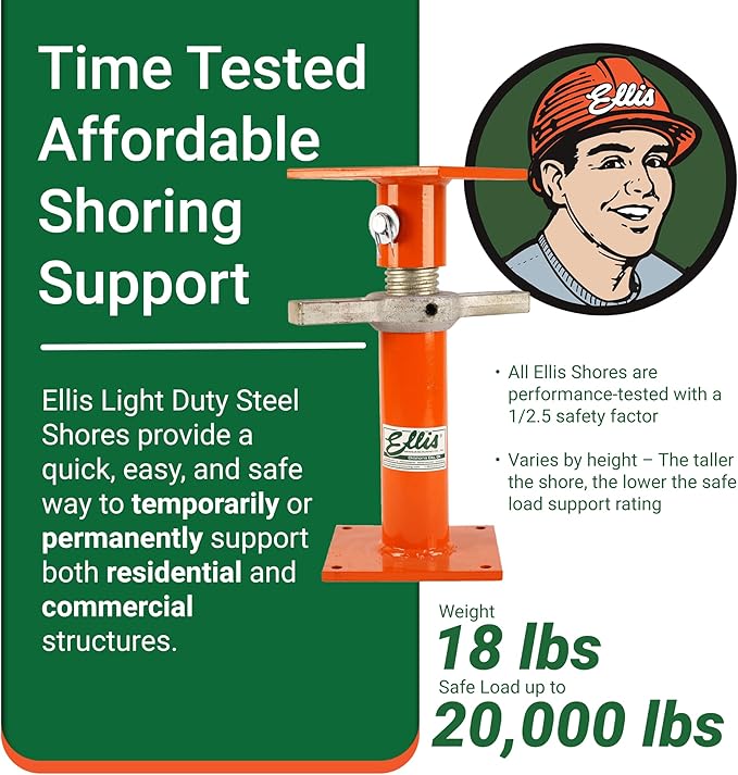 Ellis Manufacturing Light-Duty Steel Lifting Shore and Jack Post – House Jack for Foundation, Floor Leveling, and Concrete Bracing – 20,000 lb Safe Load Capacity – 13"-17" Adjustment