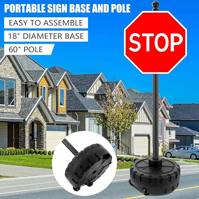 Portable Sign Post and Base Kit, 5 ft Heavy Duty Cast Iron Sign Pole with Hard Plastic Wheeled Base, Movable Signs Stand Easy to Use Portable Sign Holder for Traffic, Parking, and Safety Signs
