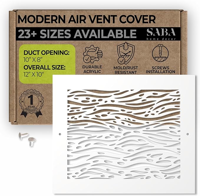 SABA Home Decor White Air Vent Cover - Acrylic Plexiglass 8" x 10" Duct Opening (10" x 12" Overall) Return Grille Decorative Covers for Walls & Ceilings NOT for Floor USE, Waves
