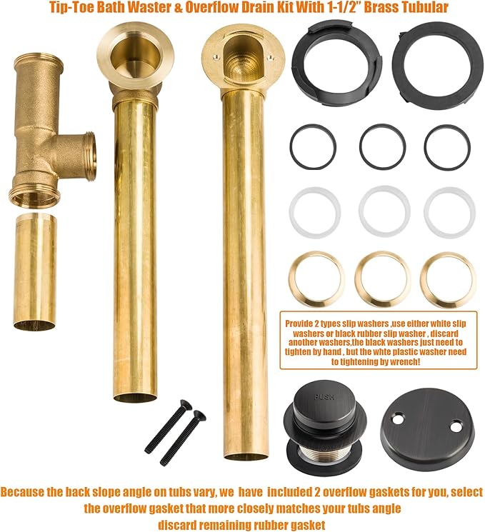 Artiwell 1-1/2" Brass Tubular Bath Drain Kit with Tip-Toe Bath Drain Stopper, Touch-Toe Tub Drain, Tip Toe Bathtub Drain Waste and Overflow With Plug and Bathtub Overflow Drain Cover,Oil Rubbed Bronze