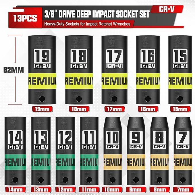 13-Piece 3/8" Drive Deep Impact Socket Set, 7-19mm, CR-V, 6 Point, Heavy-Duty Sockets for Impact Wrenches, Automotive and Home