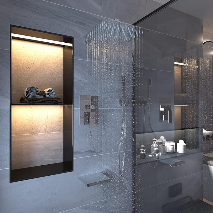 BWE 12 Inch Chrome Shower System Faucet Waterfall Tub Complete with Chrome Spout Set Square Luxury Rain Mixer Pressure Balancing 3-Function Wall Mount Rainfall Rough-in Valve Body and Trim Included