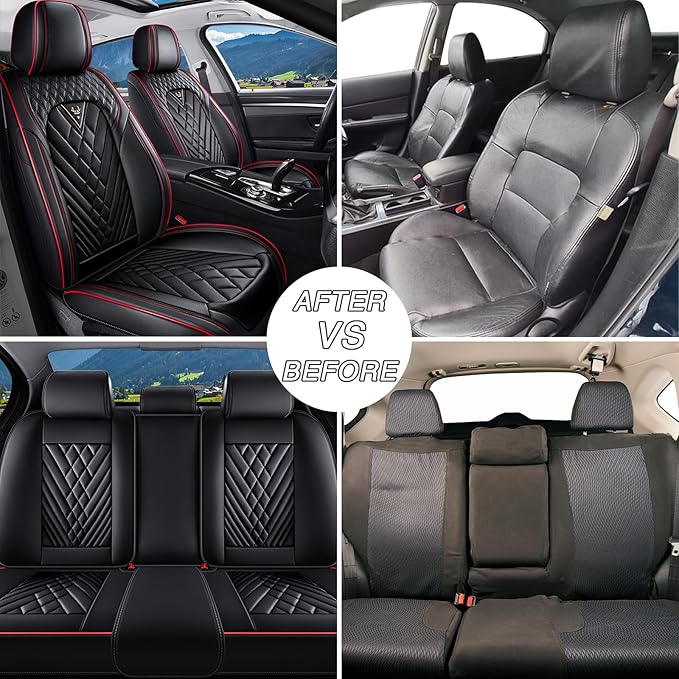 Car Seat Covers for Jaguar E-PACE 2018-2024,Breathable Nappa Leather Car Seat Protector,Front Seat Covers Automotive Seat Cushion with Airbag Compatible(Front Seats,Black-Red)