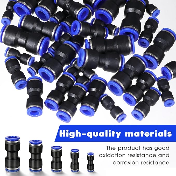 100 Pcs Quick Connect Air Hose Fittings, 5 Sizes Air Line Push to Connect Fittings Kit Quick Release Pneumatic Connectors Plastic Straight Tube Connector (2 Way, 4 6 8 10 12 mm)