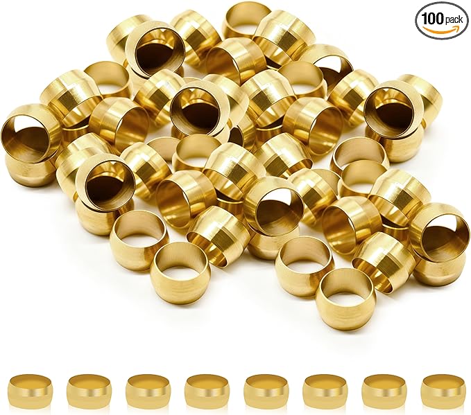 Siptenk 60PCS Brass Compression Sleeves Ferrules for Tube OD 3/8", Hose Compression Fitting Brass Ferrule for DOT Air Brake Lines, Water, Fuel, Oil