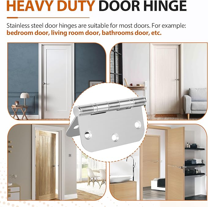 Stainless Steel Door Hinges 3.5 x 3.5 Inch Rounded Door Hinges, 5/8 Radius Silver Stainless Steel Interior Door Hinge, Replacement Door Interior Metal Hardwares, 3 Pack