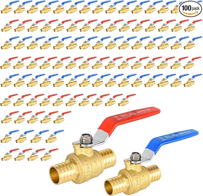 100 Pack Ball Valves, 1" Pex Crimp Shut Off Valve, Brass Full Port Pex B Shut Off Ball Valve for Hot and Cold Water, NSF/ANSI 61 Certified