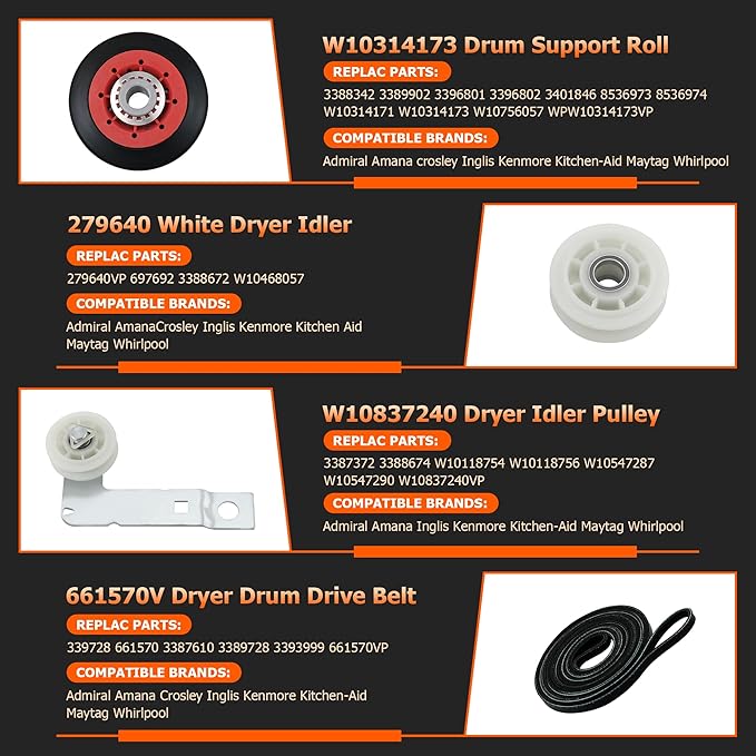 4392067 Dryer Repair Kit and W10837240 Dryer Idler Pulley Fit for Whirlpool Maytag Admiral Kenmore Dryer - Bravos Dryer parts and Duet Dryer Parts Compared to # 4392067VP 80047 587637 by Funmit