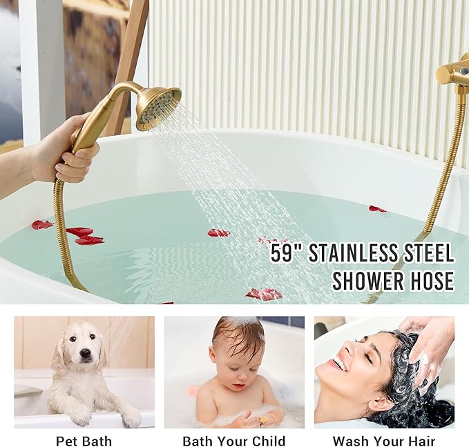DASAN Antique Wall Mount Tub Filler Faucet with Hand Held Shower, Brushed Gold Brass Bathtub Faucet with Sprayer Wall Mounted Roman Bath Tub Faucet Set with High Flow Rough in Valve, AT201TF-BTG