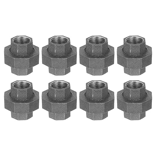 uxcell Pipe Fittings Union, 1/2 Inch Malleable Cast Iron Union Threaded for Vintage Retro Industrial Pipe, Furniture and DIY Decor Black, 8Pcs