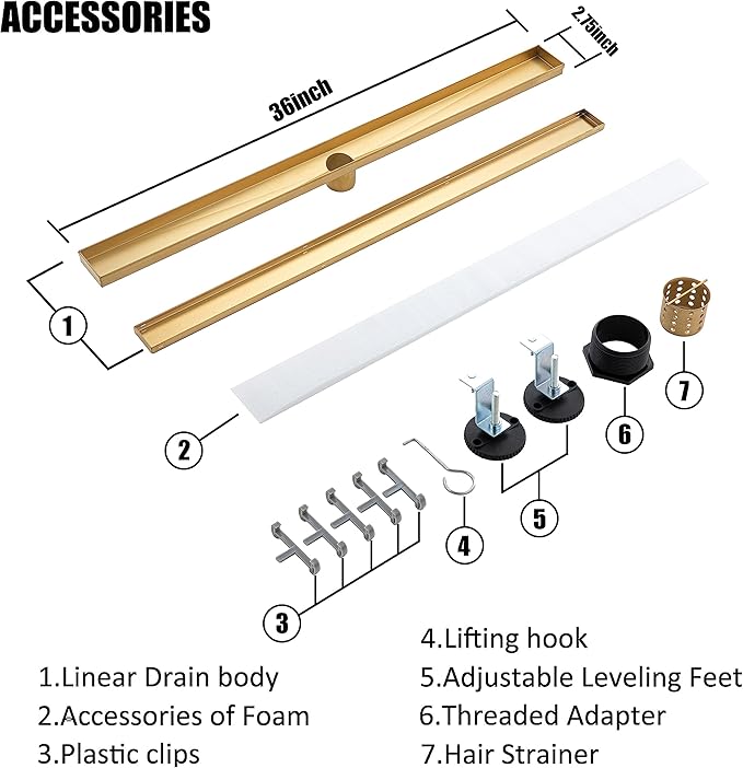 36 inch Linear Shower Drain with Removable Square Hole Panel by Using Brushed 304 Stainless Steel Process, Linear Drain Equipped with Adjustable Feet and Hair Strainer(Brushed Gold Color)