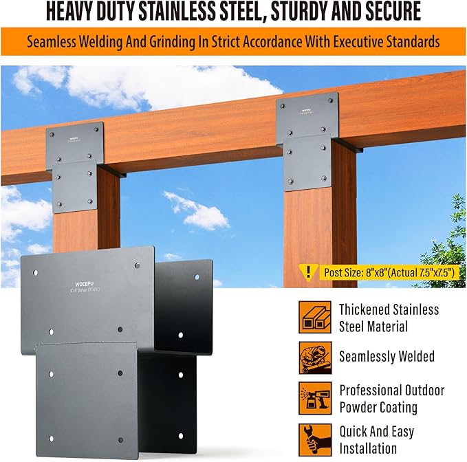 1 Pack Heavy Duty 8x8 (Actual 7.5"x7.5") Stainless Steel Post Caps Tie Bracket , Fit Connecting Wood Gazebo, Deck Patio Post and Wood Beams Bracket ( Dark Ggray)