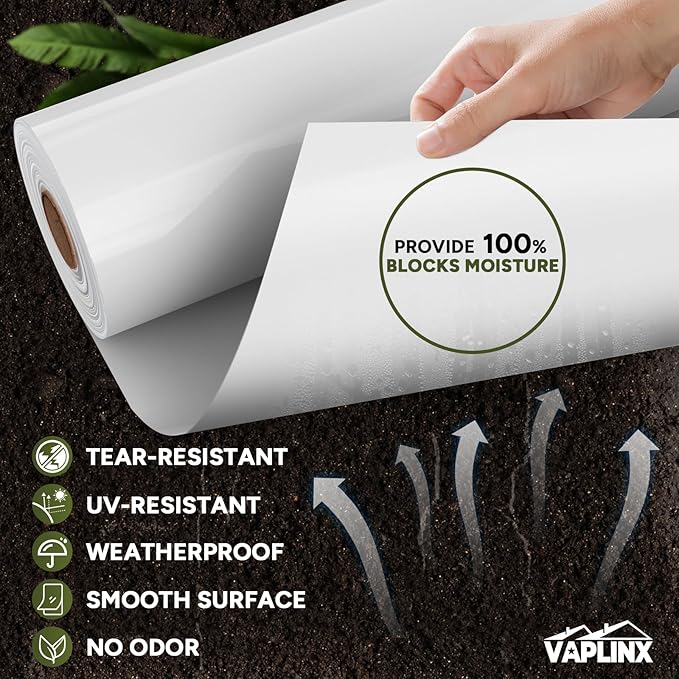 White Crawl Space Vapor Barrier, 10 Mil Vapor Barrier, 10' x 100', Heavy Duty Polyethylene Film, Thick Plastic Sheeting, Plastic Drop Cloth Covering for Crawlspace, Basement, White