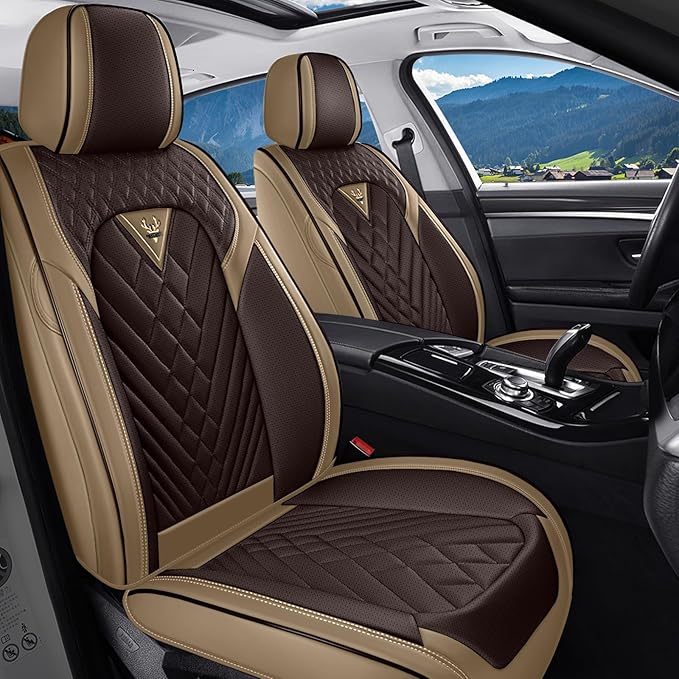 Car Seat Covers for Jaguar E-PACE 2018-2024,Breathable Nappa Leather Car Seat Protector,Front Seat Covers Automotive Seat Cushion with Airbag Compatible(Front Seats,Beige-Brown)