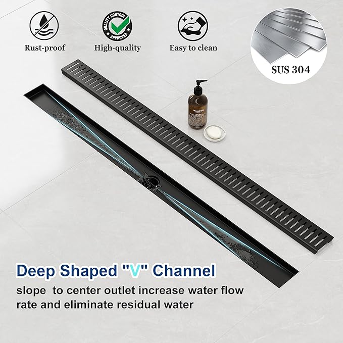 Neodrain 36" Matte Black Bathroom Linear Shower Drain with Removable Capsule Pattern Grate, 304 Stainless Steel Shower Floor Linear Drain- CUPC Certified with Hair Strainer