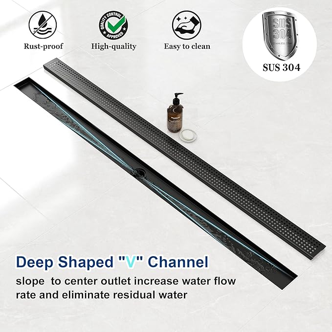 Neodrain 72-Inch Black Linear Shower Drain with Removable Quadrato Pattern Grate,Professional 304 Stainless Steel Rectangle Shower Floor Drain Manufacturer,Leveling Feet,Hair Strainer,Matte Black