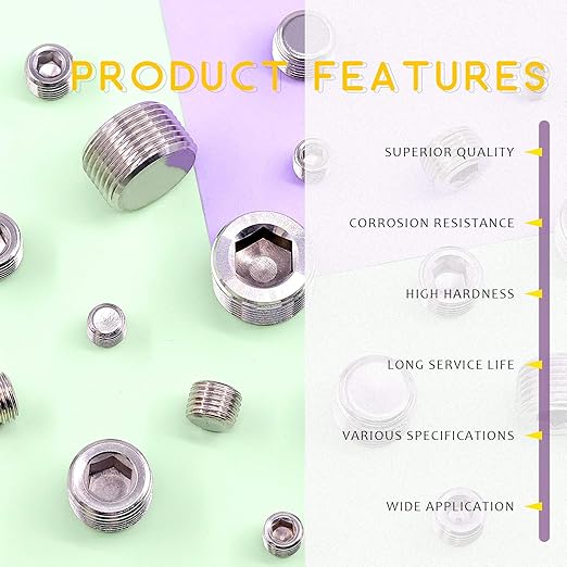 Swpeet 18Pcs 5 Sizes NPT Stainless Steel Pipe Fitting Assortment Kit, 1/8" 1/4" 3/8" 1/2" 3/4" NPT Plug Stainless Steel Internal Hex Thread Socket Pipe Plug Set for Use in Wet Environments