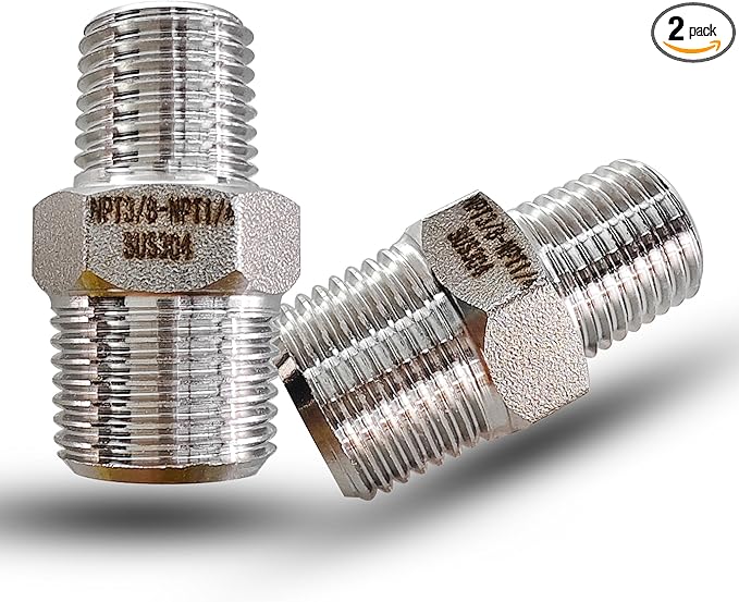 3/8" to 1/4" Male NPT Hex Reducing Nipple Fitting Adapter, 304 Stainless Steel 3/8 Inch to 1/4 Inch MNPT Threaded Pipe Adapter Fittings Reducing Nipples Connector