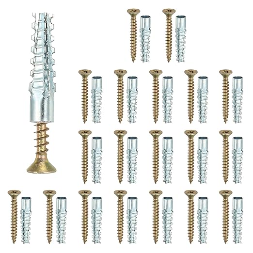 PATIKIL 20 Pcs Drywall Hollow Wall Anchors with Screws 0.2 x 1.57, Steel Dry Wall Anchors Kit for Wooden Concrete Plaster Hinge Hole Repair, Silver (6 x 32mm)