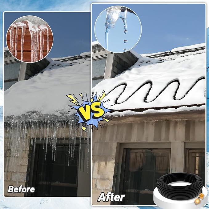 100FT Heat Tape for Roof and Gutters, 8W/FT Roof Snow De-Icing Kit w/ 45PCS Clips & Spacers, Self-Regulating Heat Cable, Roof Heat Tape for Ice Dam & Pipe Freeze Prevention, 120V, LED Plug