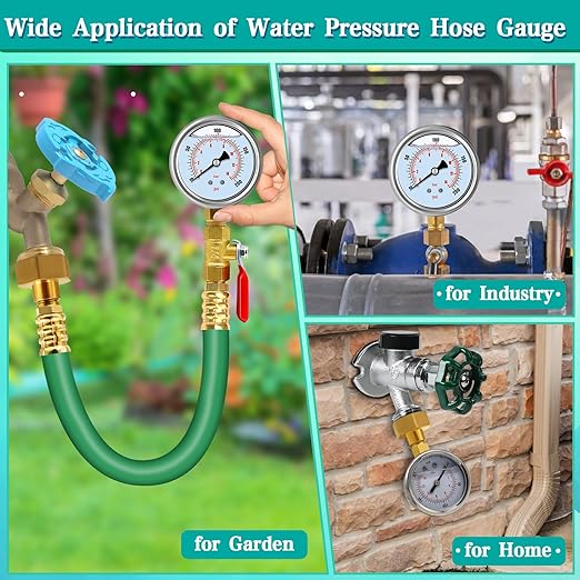 Water Pressure Gauge with 12'' Hose, 0-200 Psi Pressure Gauge Filled with Oil, 3/4" GHT Female Thread Water Pressure Test Gauge Hose Kit, for Home, Industrial, Garden Water Pressure Test