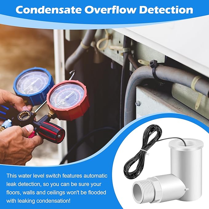 1 Pack SS2 Float Switch for Easy Installation, AC Float Switch with 3/4 Inch Adaptor and 6ft Wire, Water Level Accessory for HVAC System with Condensate Overflow Detection