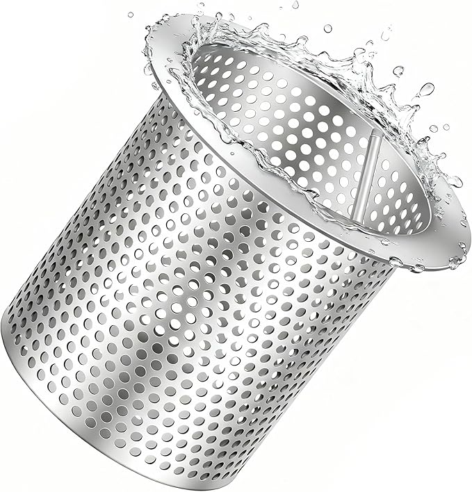 4" Diameter Commercial Floor Drain Strainer 4" Tall Perforated Cylindrical Mesh 316 Stainless Steel Drain Basket with Carry Handle –Heavy-Duty, for Restaurants, Kitchens, Factories