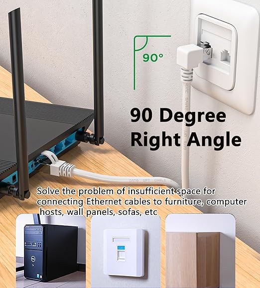 Cat6 90 Degree Ethernet Cable Right Angle White CAT 6 Ethernet Patch Cable -Down Angle-20FT Right Angle Ethernet Adapter Bandwidth up to 250MHz 1000Mbps for PC, Router, Modem, Printer, Xbox, PS4