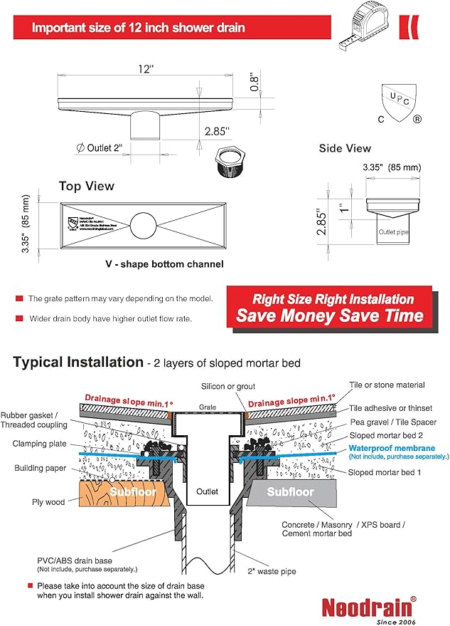 Neodrain 12-Inch Linear Shower Drain with Removable Grate, Professional Brushed 304 Stainless Steel Rectangle Shower Floor Drain Manufacturer, Linear Drain with Hair Strainer