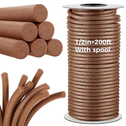 1/2 Inch x 200 ft Foam Backer Rod for Gaps Joints Concrete Crack Filler Caulk Saver Bulk Foam Backing Rod Concrete Filler Rope for Weather Stripping Door Seal (Brown)