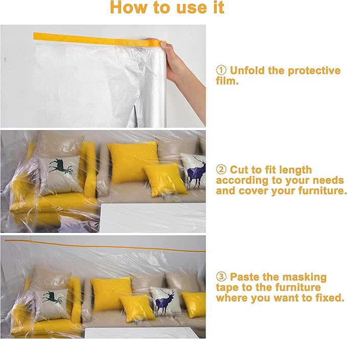 Muf 5 x 65 Feet Plastic Drop Cloth Plastic Sheeting with Masking Tape,Waterproof Protective Masking Film,Prevent Dust Paint for Car,Furniture,Carpet,Floor,2 Pack