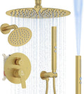 Shower System Shower Faucet Set Rainfall Shower Set with Valve 12+6" Dual Rain Shower Head with Handheld Ceiling Mount Wall Mount Shower Head Shower System, Brushed Gold