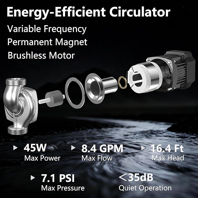 10.1 GPM 1/16 HP Smart Hot Water Circulation/Recirculating Pump with Constant & Variable Speed Operation for Hydronic Heating/Domestic Hot Water Recirculation System, Fits 1" 3/4" 1/2"NPT Pipe