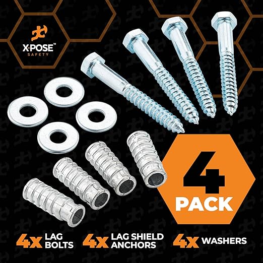xpose safety Concrete Anchors Set with 4"" Lag Bolt, Lag Shield and Washer - 4 Sets per Pack - 1/2"" Bolt Lag Screws 4-Inch for Speed Bumps for Asphalt - Galvanized Steel Lag Bolts