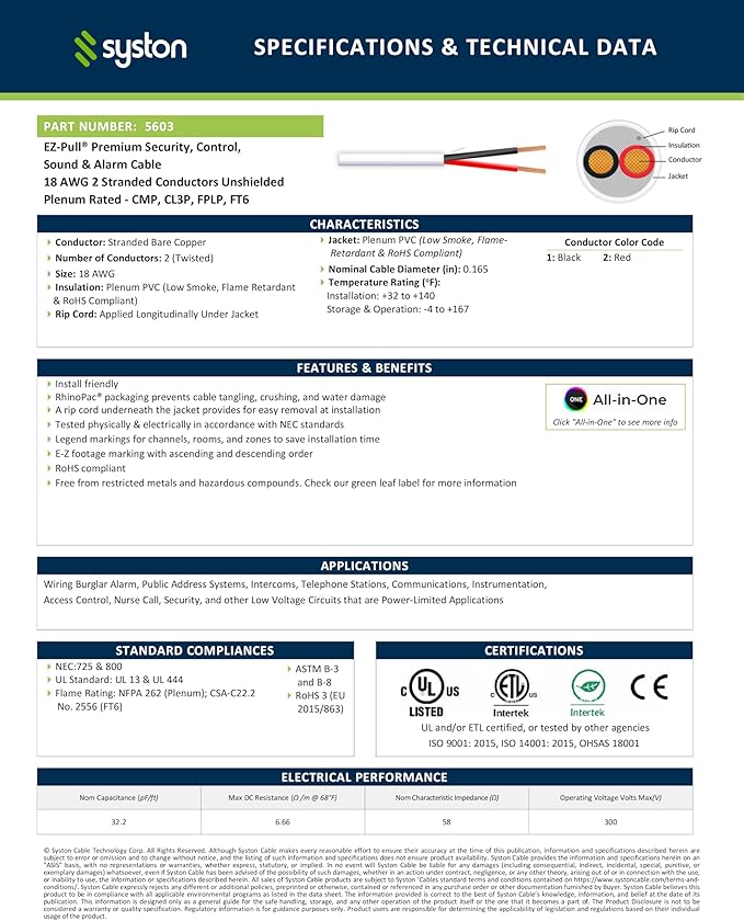 SYSTON 18/2 Fire Security Burglar Station Sound Alarm Control Cable Wire, Plenum-Rated CMP/CL3P Unshielded 100% Copper Stranded UL/ETL,UV Resistant RoHS for Indoor/Outdoor Low Voltage Applications Use