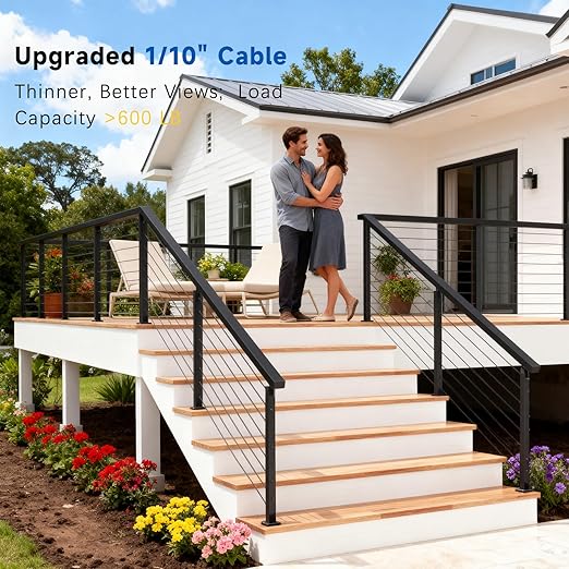 Upgraded 8-20FT Swageless Black Stair Cable Railing Post Kit 36 Inch, 3 Heavy-Duty T304 Stainless Steel Post Fit 28-38 Degree Stairway, Patent Reusable Terminal, Outdoor Finish(No Handrail)