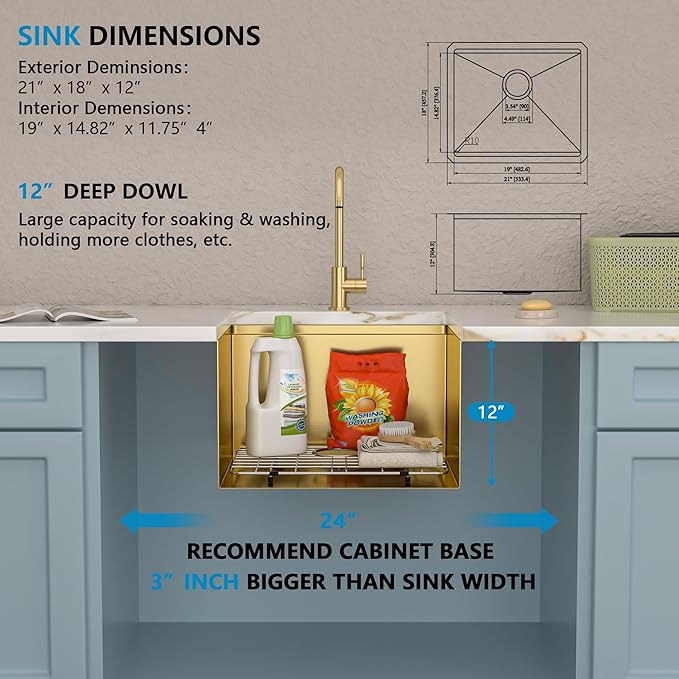 21"x18" Undermount Laundry Utility Sink Workstation – Brushed Gold NANO-PVD, 16 Gauge 304 Stainless Steel, 12 Inch Deep Single Bowl Sink Basin for Laundry Room, RV or Utility Use