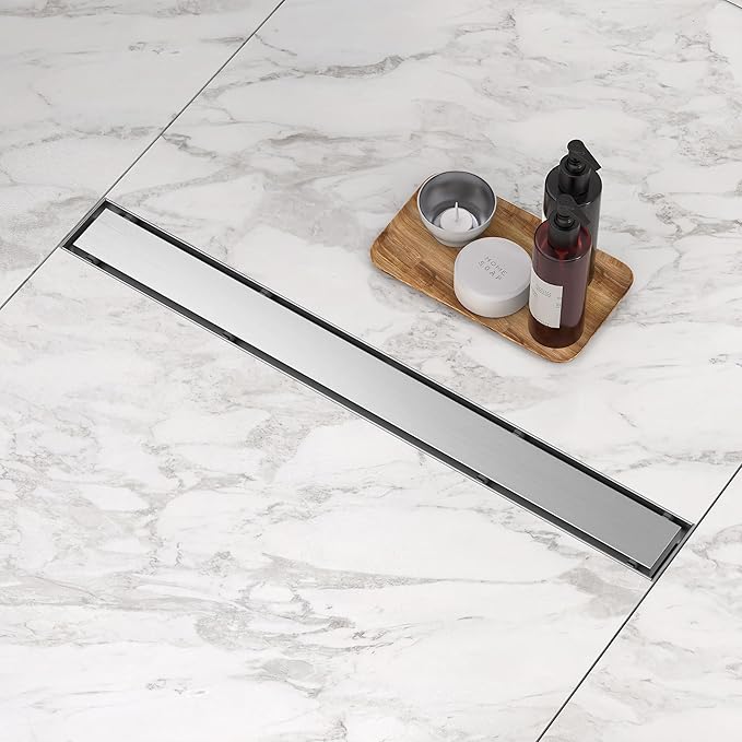 Linear Shower Drain. 36 Inch Shower Trench Drain with 2-in-1 Flat Cover & Inser Cover,304 Stainless Rectangle Steel Shower Floor Drain with Hair Strainer and Leveling Feet (Brushed Nickel, 36 in)
