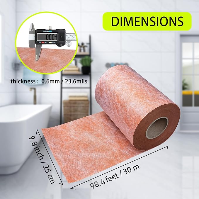 Waterproof Membrane for Shower 9.8inch x 98.3Ft (80.7Sq Ft) 23.6mils Thick Tile Shower Waterproofing Membrane Roll Underlayment Waterproof Wall Panels for Showers Bathroom Sauna Walls and Wet Areas