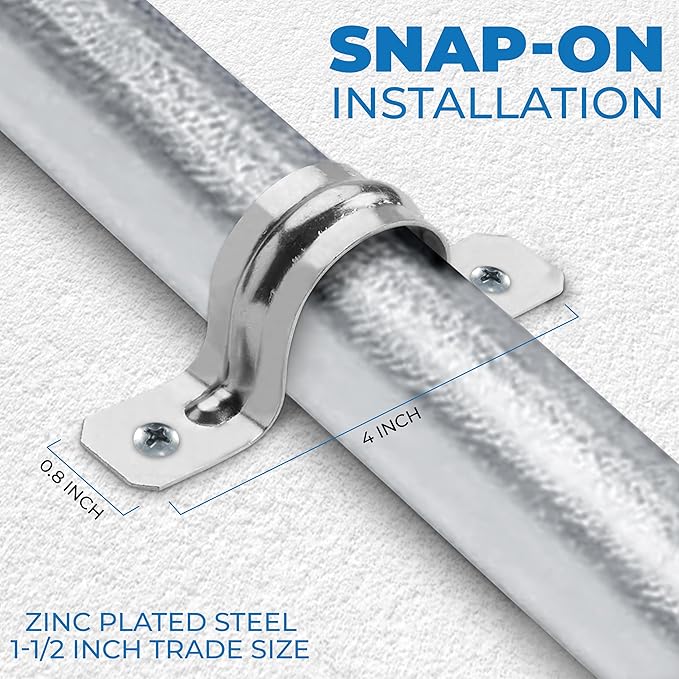 OhLectric Pipe Support Strap - Steel Pipe Strap with 2 Holes - Heavy-Duty 1-1/2 inch U Bracket - Zinc Coated Tension Tube Clip - Pipe Clamp for EMT Conduits – (100 Pack)