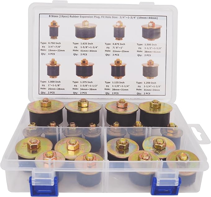 8 Sizes (19pcs) Neoprene Rubber Expansion Plug 3/4" 7/8" 1" 1-1/8" 1-1/4" 1-3/8" 1-1/2" 1-5/8", Automotive Rubber Freeze Frost Plug Fit Hole Size: 3/4"~1-3/4" (19mm~44mm)