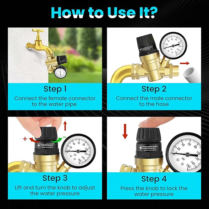 RV Water Pressure Regulator Lead-Free Brass Adjustable Water Pressure Reducer with Gauge and Screen Filter Use in Camper, Trailer, RV Plumbing System