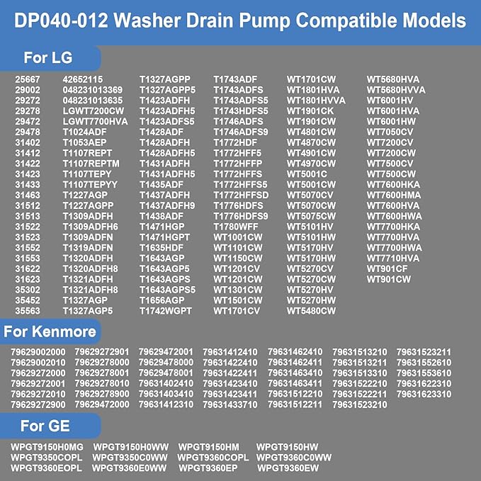DP040-012 4681EA1007A Drain Pump Compatible with LG, Kenmore Washer Drain Pump, Replacement for 4681EA1007A 1089358 AP5604958 EAP11706439 2649379 AP5605335
