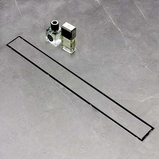 SaniteModar Linear Shower Drain, Shower Drain 54 inch with Flat & Tile Insert 2 in 1 Panel, Brushed 304 Stainless Steel Linear Drain with Hair Strainer and Leveling feet