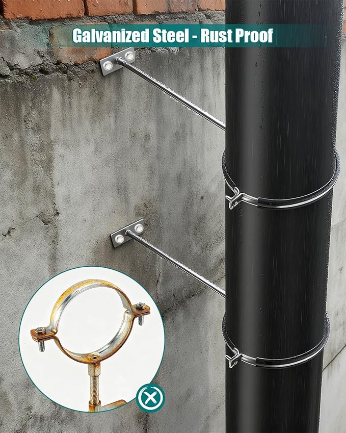 2 Pack 8 Inch Pipe Hanger Bracket with 16 Inch Extension Rod, Heavy Duty Galvanized Steel Split Ring Clamp for Vent Pipe Chimney Drain Pipe Installation
