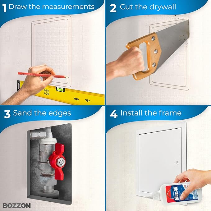 BOZZON Access Panel for Drywall 24 x 24 inch – Metal Door with Screwdriver Latch, 18 GA Steel Frame, Wall Hole Cover, Plumbing Access Door, White