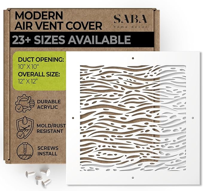 SABA Home Decor White Air Vent Cover - Acrylic Plexiglass 10 x 10 Duct Opening (12 x 12 Overall) Return Grille Decorative Covers for Walls & Ceilings NOT for Floor USE, Waves