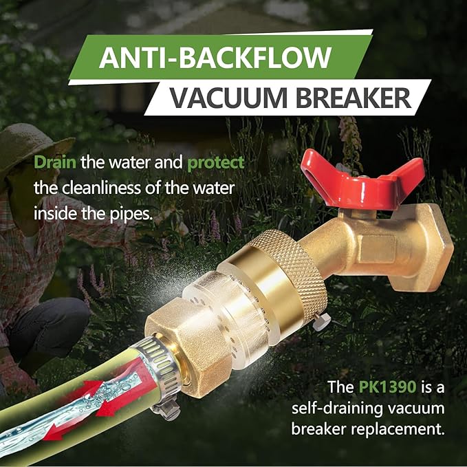 1 Pack 1-1/16" Fine Thread (Female) Lead-Free Self-Draining Vacuum Breaker, PK 1390 Replacement Hose Bib Backflow Preventer with washers and Sealing Tape for Garden & indoor Spigot